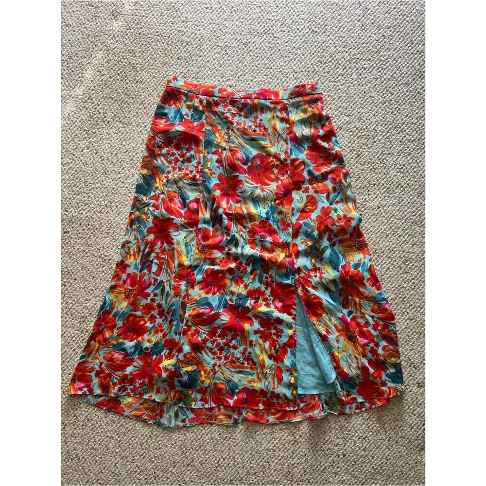 Philosophy Large Red & Teal Floral Maxi Skirt Slit Lined